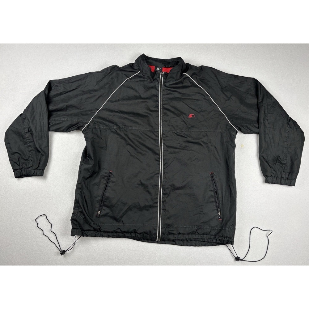 Vintage Starter‎ Black Windbreaker Jacket 2XL Red Lining Zip Up Reflective Trim